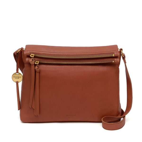 MARGOT genuine LEATHER Crossbody Brown bag purse ZIP TOP front pocket 50  strap