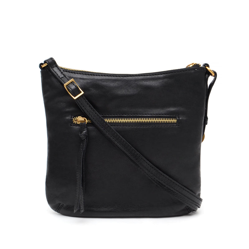 A black leather crossbody bag featuring a main zipper and two additional zippers for secure storage and style.